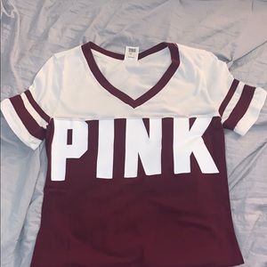PINK tee!! maroon and white